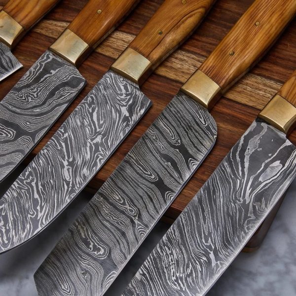 5 Piece Damascus Steel Kitchen Knife Set With Ashwood Brass Handle