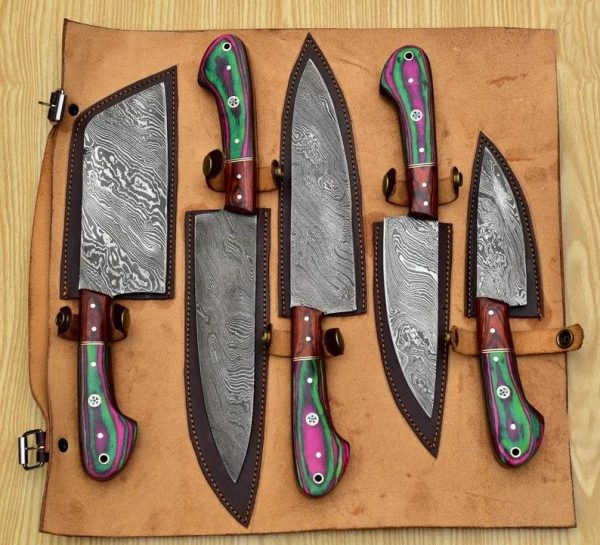 Handmade Damascus Pattern 5 Piece Kitchen Knife Set