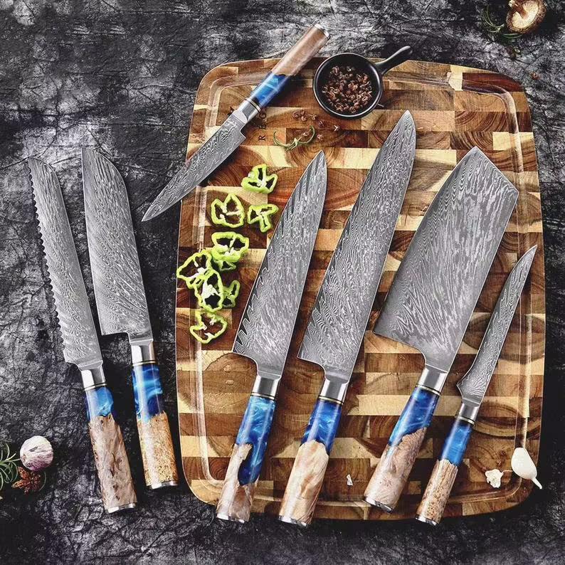 Cerulean Collection - Japanese Kitchen Knife Set with Blue Resin Handle &  Damascus Blade Pattern