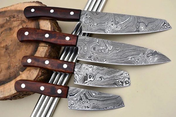 Walnut Wood Handle Handmade Damascus Chef Knife Set