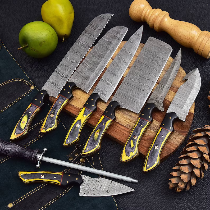 Hand Forged Damascus Steel Professional Chef Knives Set of 8, Kitchen Knife  With Leather Bag Roll, Olive Wood Cooking Knives, Groomsman Gift 