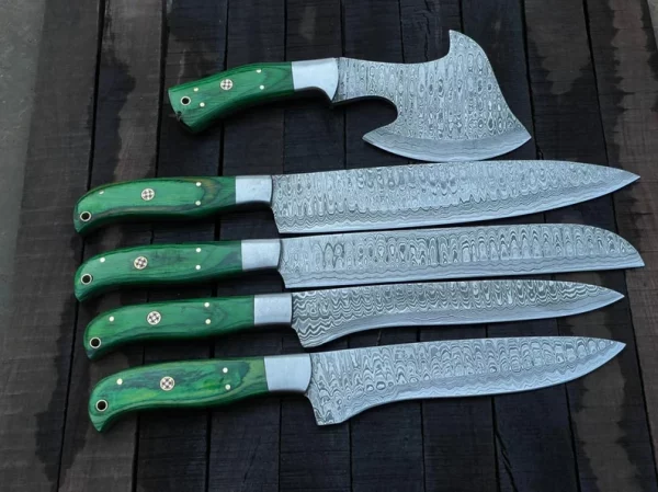 5 Piece Damascus Steel Kitchen Knives & Handmade Chef Knife