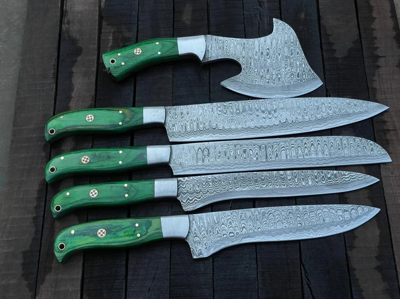 Damascus Kitchen Knife Set Professional 5 Piece, Handmade Damascus